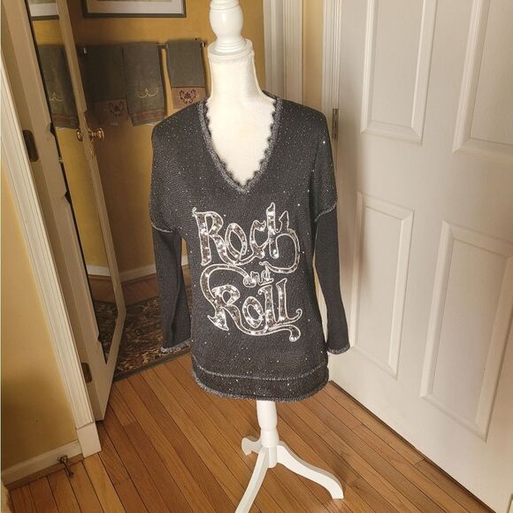BLACK/SILVER SEQUINED ROCK AND ROLL SWEATER - Picture 5 of 10